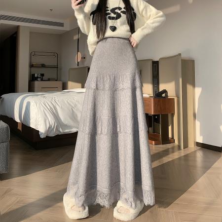 FA47792# 蕾丝花边蛋糕裙半身裙女秋冬新款垂感软糯针织长裙叠穿内衬裙 服裝批發女裝批發服飾貨源