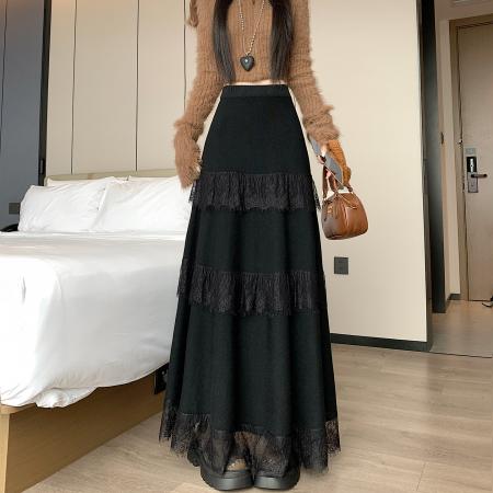 FA47792# 蕾丝花边蛋糕裙半身裙女秋冬新款垂感软糯针织长裙叠穿内衬裙 服裝批發女裝批發服飾貨源