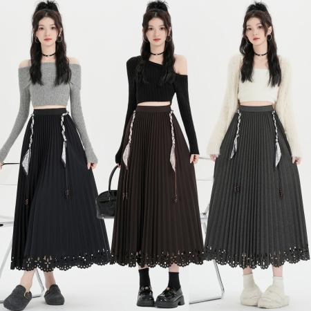 FA47794# 法式风琴裙镂空下摆设计半身裙女秋冬新款A字显瘦百褶蛋糕裙 服裝批發女裝批發服飾貨源