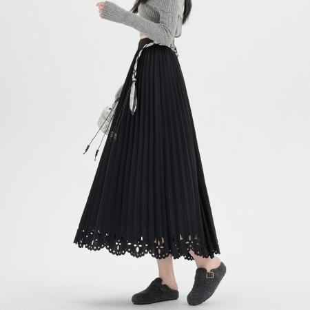 FA47794# 法式风琴裙镂空下摆设计半身裙女秋冬新款A字显瘦百褶蛋糕裙 服裝批發女裝批發服飾貨源