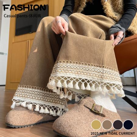FA47795# 灯芯绒流苏吊穗加绒阔腿裤女森系甜美软糯直筒裤小个子休闲裤 服裝批發女裝批發服飾貨源