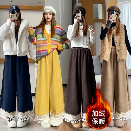 FA47795# 灯芯绒流苏吊穗加绒阔腿裤女森系甜美软糯直筒裤小个子休闲裤 服裝批發女裝批發服飾貨源