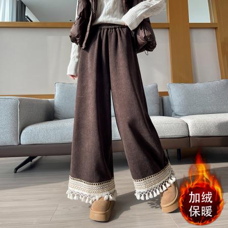 FA47795# 灯芯绒流苏吊穗加绒阔腿裤女森系甜美软糯直筒裤小个子休闲裤 服裝批發女裝批發服飾貨源