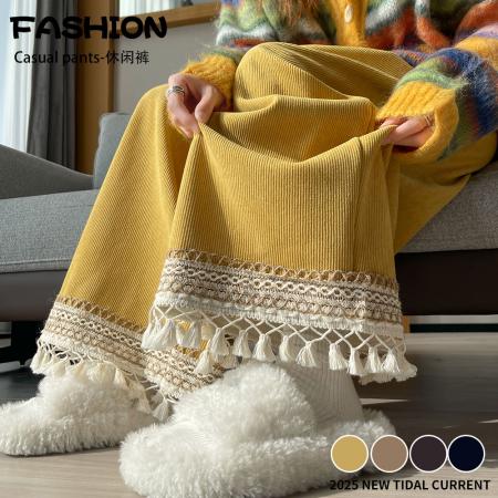 FA47795# 灯芯绒流苏吊穗加绒阔腿裤女森系甜美软糯直筒裤小个子休闲裤 服裝批發女裝批發服飾貨源