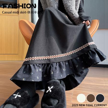 FA47796# 冬季新款毛呢加厚半身裙女设计感拼接高腰a字裙大摆长裙 服裝批發女裝批發服飾貨源