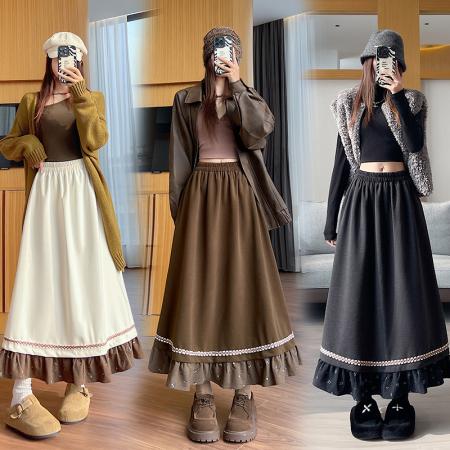 FA47796# 冬季新款毛呢加厚半身裙女设计感拼接高腰a字裙大摆长裙 服裝批發女裝批發服飾貨源