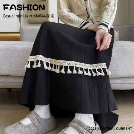 FA47797# 百褶流苏拼接针织半身裙女秋冬软糯高腰A字大摆毛线长裙 服裝批發女裝批發服飾貨源