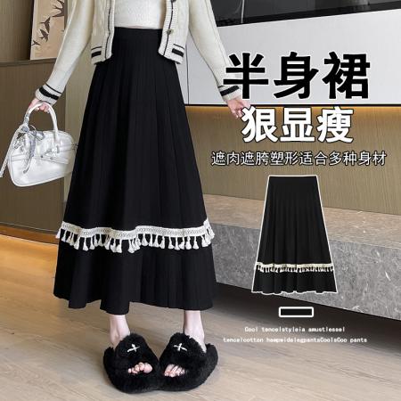FA47797# 百褶流苏拼接针织半身裙女秋冬软糯高腰A字大摆毛线长裙 服裝批發女裝批發服飾貨源