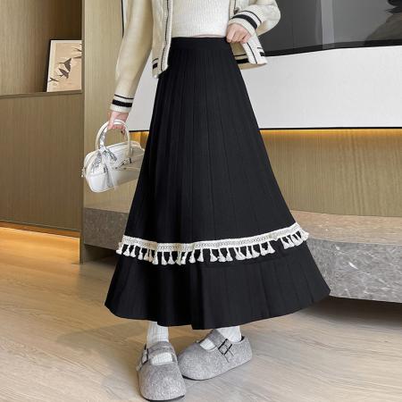 FA47797# 百褶流苏拼接针织半身裙女秋冬软糯高腰A字大摆毛线长裙 服裝批發女裝批發服飾貨源