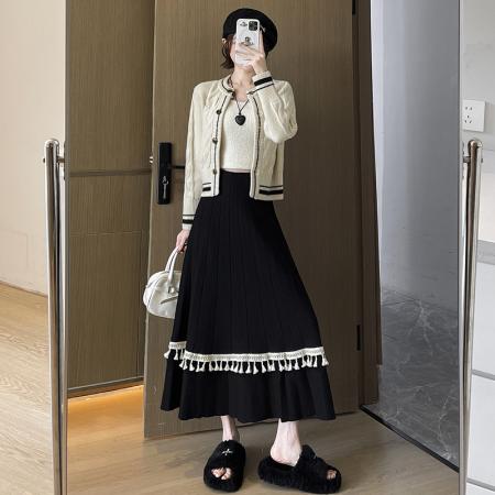 FA47797# 百褶流苏拼接针织半身裙女秋冬软糯高腰A字大摆毛线长裙 服裝批發女裝批發服飾貨源