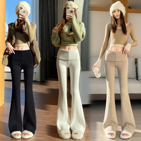 FA47798# 翻边针织微喇裤女秋冬高腰紧身弹力显瘦马蹄裤喇叭拖地裤 服裝批發女裝批發服飾貨源