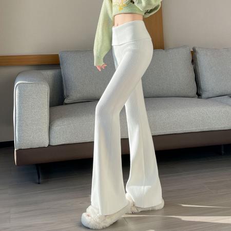 FA47798# 翻边针织微喇裤女秋冬高腰紧身弹力显瘦马蹄裤喇叭拖地裤 服裝批發女裝批發服飾貨源