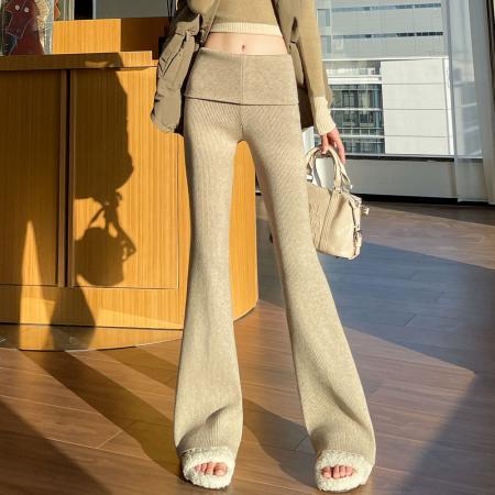 FA47798# 翻边针织微喇裤女秋冬高腰紧身弹力显瘦马蹄裤喇叭拖地裤 服裝批發女裝批發服飾貨源