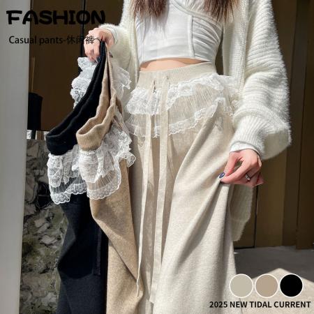 FA47799# 蕾丝拼接针织阔腿裤女秋冬新款高腰显瘦慵懒垂感休闲裤子 服裝批發女裝批發服飾貨源