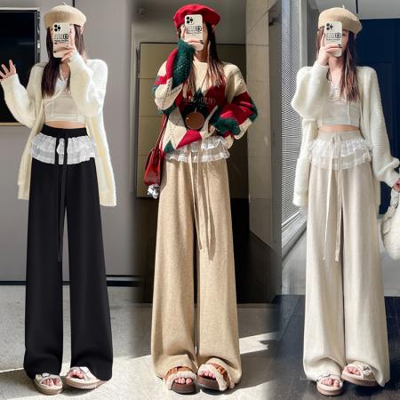 FA47799# 蕾丝拼接针织阔腿裤女秋冬新款高腰显瘦慵懒垂感休闲裤子 服裝批發女裝批發服飾貨源