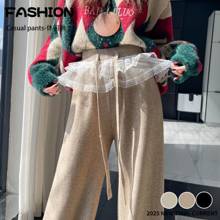 FA47799# 蕾丝拼接针织阔腿裤女秋冬新款高腰显瘦慵懒垂感休闲裤子 服裝批發女裝批發服飾貨源