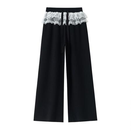 FA47799# 蕾丝拼接针织阔腿裤女秋冬新款高腰显瘦慵懒垂感休闲裤子 服裝批發女裝批發服飾貨源