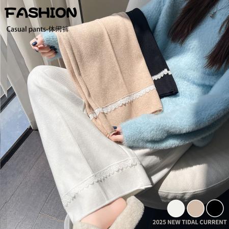 FA47800# 加厚软糯白色蕾丝针织阔腿裤女垂感高腰抽绳显瘦休闲拖地长裤 服裝批發女裝批發服飾貨源