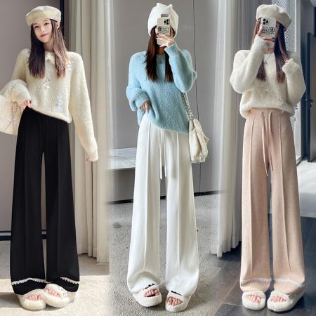 FA47800# 加厚软糯白色蕾丝针织阔腿裤女垂感高腰抽绳显瘦休闲拖地长裤 服裝批發女裝批發服飾貨源