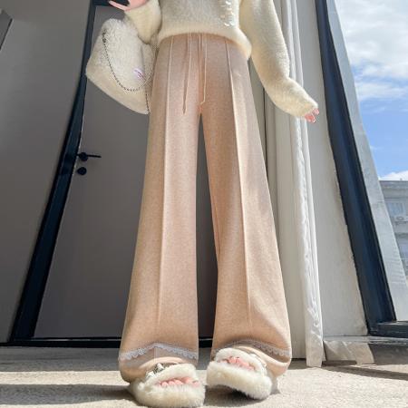 FA47800# 加厚软糯白色蕾丝针织阔腿裤女垂感高腰抽绳显瘦休闲拖地长裤 服裝批發女裝批發服飾貨源