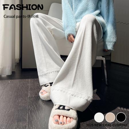 FA47800# 加厚软糯白色蕾丝针织阔腿裤女垂感高腰抽绳显瘦休闲拖地长裤 服裝批發女裝批發服飾貨源