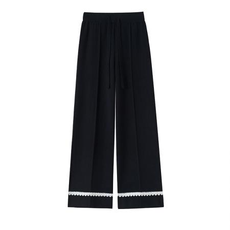 FA47800# 加厚软糯白色蕾丝针织阔腿裤女垂感高腰抽绳显瘦休闲拖地长裤 服裝批發女裝批發服飾貨源