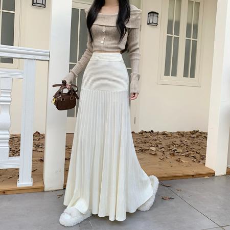 FA47801# 蘑糯糯奶黄白色针织裙子鱼尾裙秋冬加厚中长款百褶垂感半身裙 服裝批發女裝批發服飾貨源