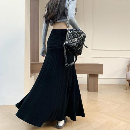 FA47801# 蘑糯糯奶黄白色针织裙子鱼尾裙秋冬加厚中长款百褶垂感半身裙 服裝批發女裝批發服飾貨源