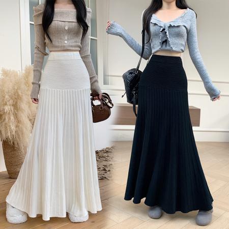 FA47801# 蘑糯糯奶黄白色针织裙子鱼尾裙秋冬加厚中长款百褶垂感半身裙 服裝批發女裝批發服飾貨源