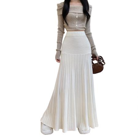 FA47801# 蘑糯糯奶黄白色针织裙子鱼尾裙秋冬加厚中长款百褶垂感半身裙 服裝批發女裝批發服飾貨源