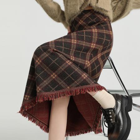 FA47802# 针织流苏格子半身裙女秋冬新款高腰显瘦A字裙直筒中长裙 服裝批發女裝批發服飾貨源