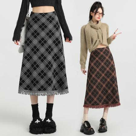 FA47802# 针织流苏格子半身裙女秋冬新款高腰显瘦A字裙直筒中长裙 服裝批發女裝批發服飾貨源