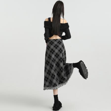 FA47802# 针织流苏格子半身裙女秋冬新款高腰显瘦A字裙直筒中长裙 服裝批發女裝批發服飾貨源