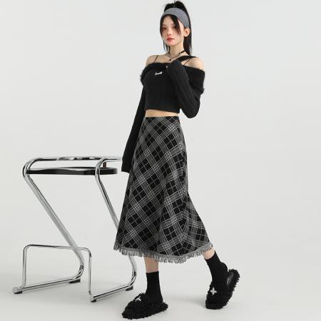 FA47802# 针织流苏格子半身裙女秋冬新款高腰显瘦A字裙直筒中长裙 服裝批發女裝批發服飾貨源