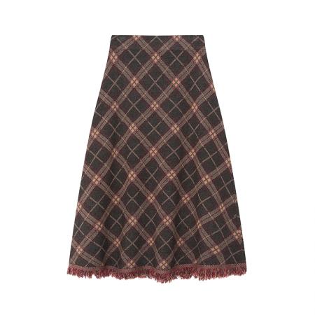 FA47802# 针织流苏格子半身裙女秋冬新款高腰显瘦A字裙直筒中长裙 服裝批發女裝批發服飾貨源