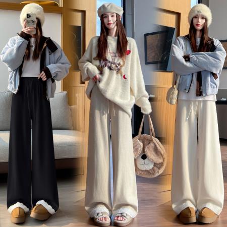 FA47803# 蕾丝针织阔腿裤休闲长裤秋冬新款慵懒风软糯毛线拖地裤女 服裝批發女裝批發服飾貨源