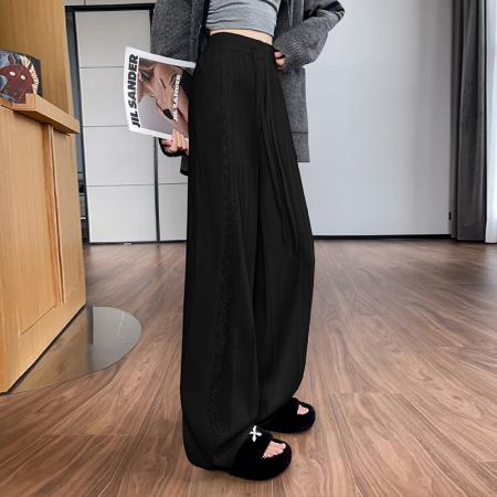 FA47804# 设计感蕾丝针织阔腿裤女秋冬新款高腰显瘦休闲直筒长裤子 服裝批發女裝批發服飾貨源