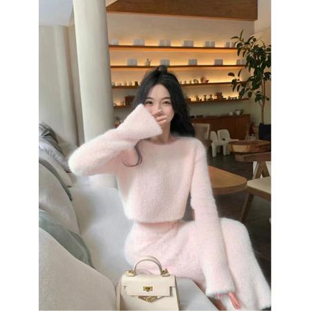 FA47805# 高级感软糯小香风仿水貂绒针织毛衣套装名媛气质包臀半身裙两件套 服裝批發女裝批發服飾貨源
