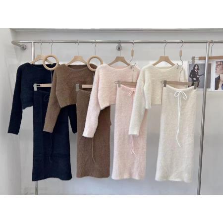 FA47805# 高级感软糯小香风仿水貂绒针织毛衣套装名媛气质包臀半身裙两件套 服裝批發女裝批發服飾貨源