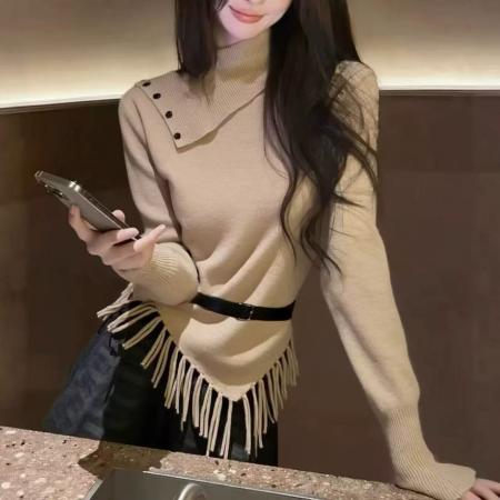 FA47806# 设计感翻领流苏正肩针织衫女秋冬装显瘦不规则打底衫上衣 服裝批發女裝批發服飾貨源