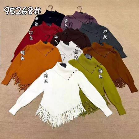 FA47806# 设计感翻领流苏正肩针织衫女秋冬装显瘦不规则打底衫上衣 服裝批發女裝批發服飾貨源