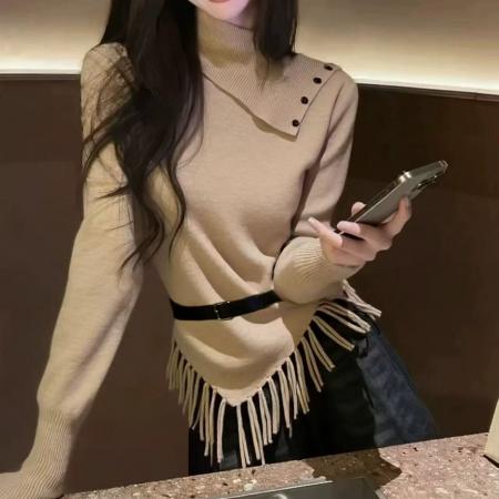 FA47806# 设计感翻领流苏正肩针织衫女秋冬装显瘦不规则打底衫上衣 服裝批發女裝批發服飾貨源