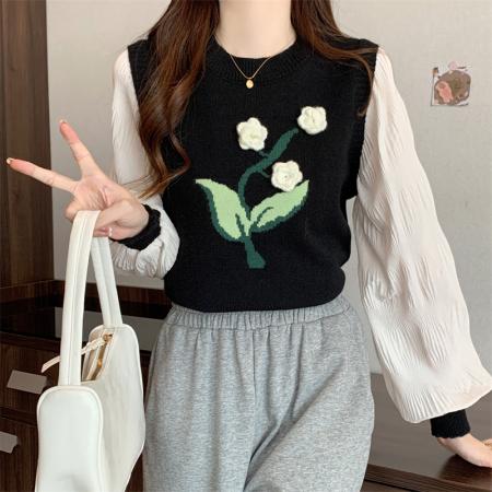 FA47807# ～大码假两件针织衫女甜美立体花朵设计感拼接别致长袖上衣 服裝批發女裝批發服飾貨源