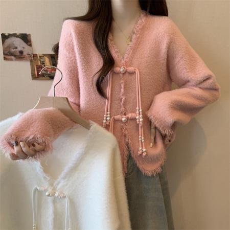 FA47808# ～大码新中式盘扣v领毛衣外套秋冬新款慵懒风设计感开衫上衣 服裝批發女裝批發服飾貨源