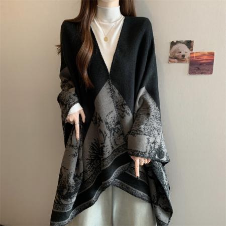 FA47809# ～大码高品质仿羊绒国风大披肩秋冬季时尚开叉斗篷披风围巾 服裝批發女裝批發服飾貨源