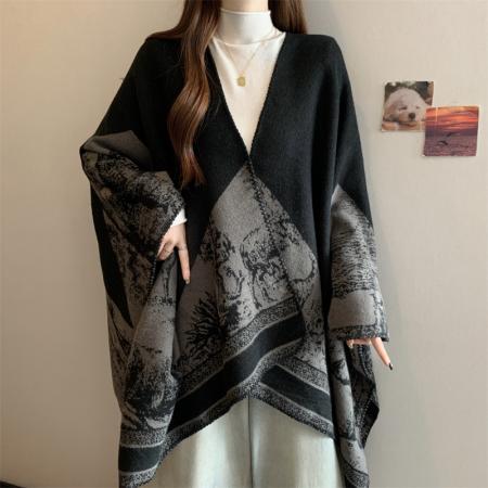 FA47809# ～大码高品质仿羊绒国风大披肩秋冬季时尚开叉斗篷披风围巾 服裝批發女裝批發服飾貨源