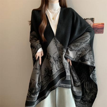 FA47809# ～大码高品质仿羊绒国风大披肩秋冬季时尚开叉斗篷披风围巾 服裝批發女裝批發服飾貨源