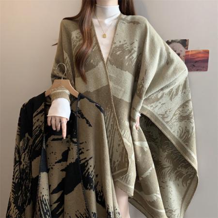 FA47811# ～大码高级感复古提花斗篷披肩女秋冬季宽松显瘦小众百搭上衣 服裝批發女裝批發服飾貨源