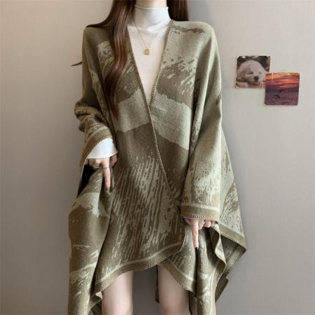 FA47811# ～大码高级感复古提花斗篷披肩女秋冬季宽松显瘦小众百搭上衣 服裝批發女裝批發服飾貨源