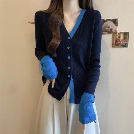 FA47812# ～大码撞色v领针织开衫气质轻熟风单排扣毛衣韩版显瘦上衣 服裝批發女裝批發服飾貨源